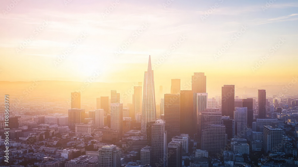 Golden hour cityscape panorama, skyscrapers at sunset. Golden hour cityscape panorama, skyscrapers at sunset.