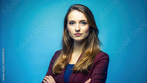 Confident young Caucasian woman in her 20s stands against a vibrant blue background, exuding professionalism in her attire.