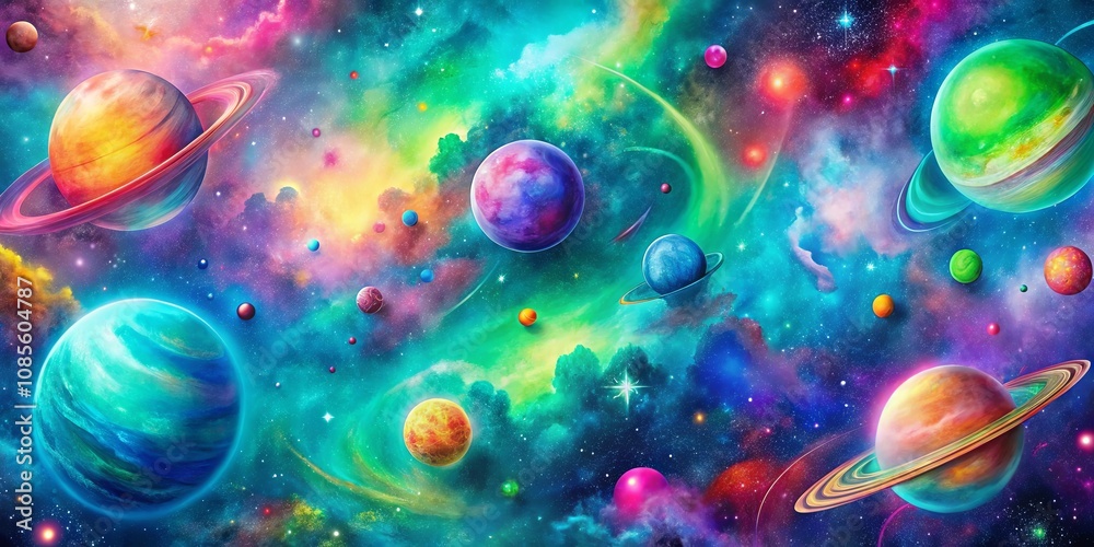 A cosmic tapestry woven with vibrant hues, showcasing a celestial dance of planets, stars, and swirling nebulae. A cosmic tapestry woven with vibrant hues, showcasing a celestial dance of planets, stars, and swirling nebulae.