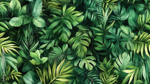 Seamless watercolor pattern of hand painted tropical leaves in a dense jungle ideal for background or textile design