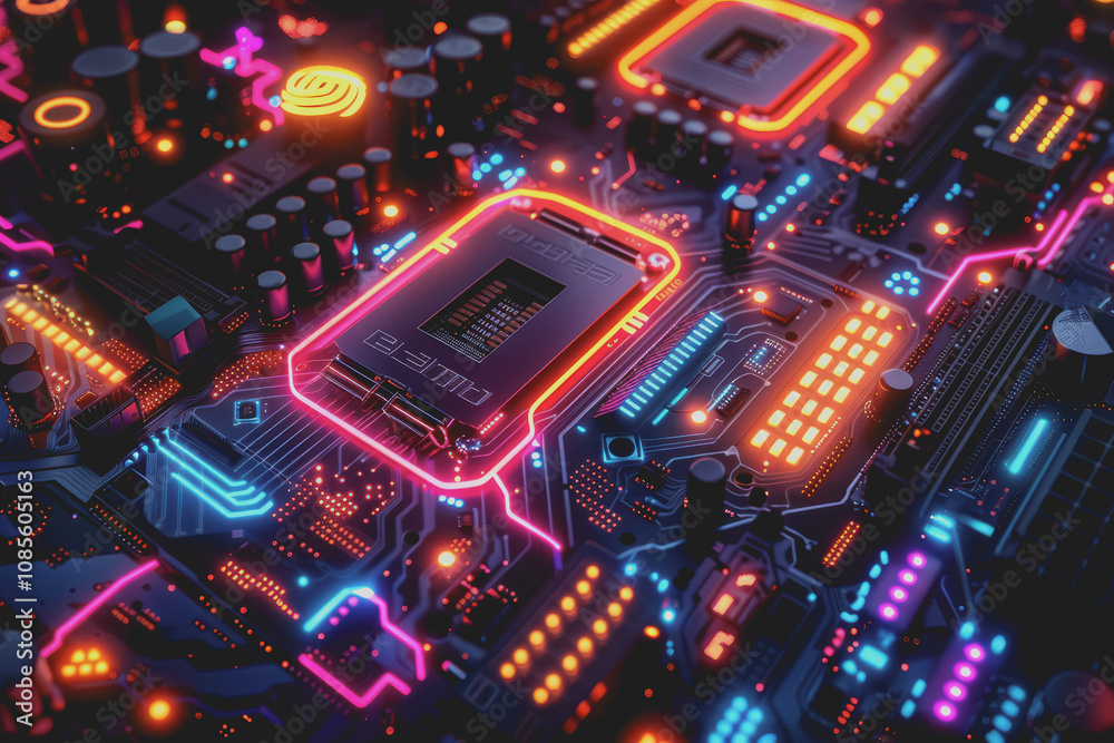 Futuristic advanced technology in bright colors Data flows through the microchip and motherboard. Futuristic advanced technology in bright colors Data flows through the microchip and motherboard.