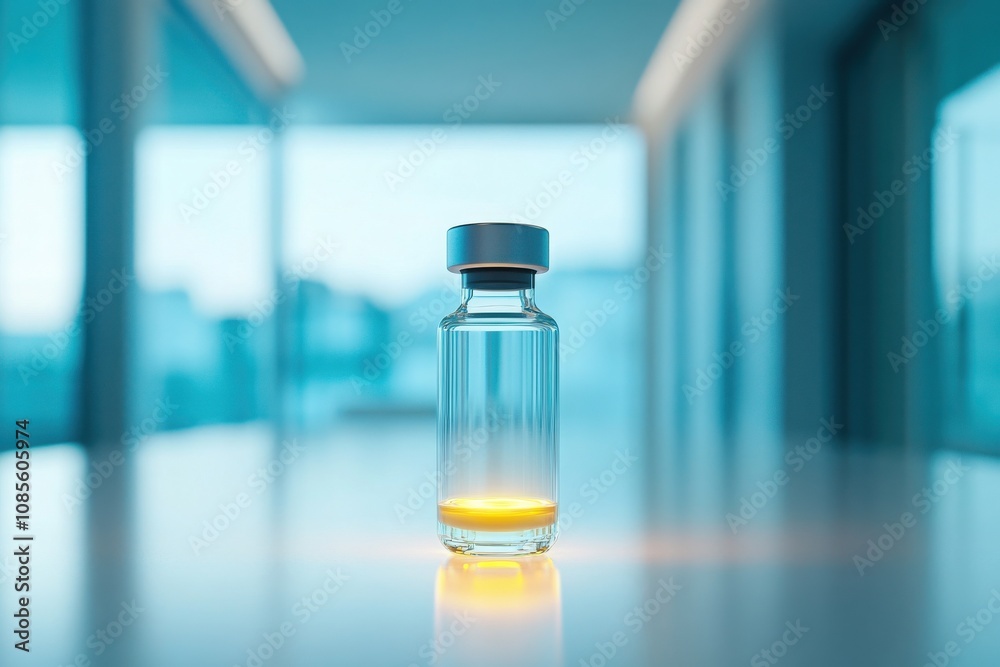 Futuristic vaccine vial with glowing liquid on reflective surface in a modern lab Futuristic vaccine vial with glowing liquid on reflective surface in a modern lab