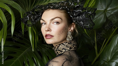 Elegant Woman in Black Lace Headpiece Amidst Lush Tropical Foliage