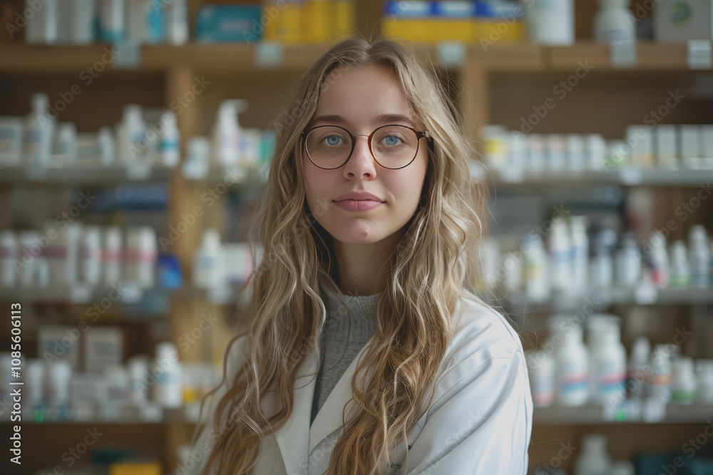Portrait of confident female pharmacist in the drugstore looking at camera.