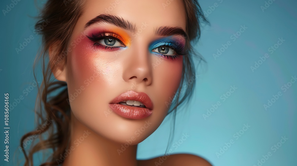 Beauty portrait of a woman with bold makeup and vivid eye shadow, creative fashion statement Beauty portrait of a woman with bold makeup and vivid eye shadow, creative fashion statement