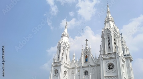 Puthenpally or Our Lady of Dolours Basilica beautiful white christian syro malabar tall church building tower and cross with gothic style exterior architecture design isolated on blue sky background.