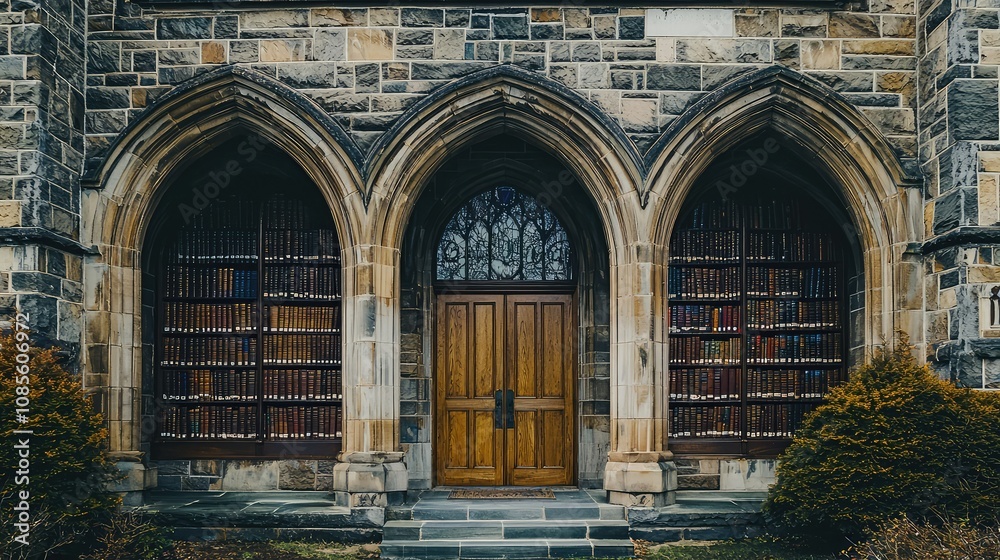 Gothic Revival Library Facade with Arches and Door Gothic Revival Library Facade with Arches and Door