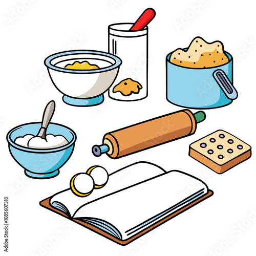 "Illustrate a kitchen countertop covered with baking essentials: a rolling pin, a bowl of dough, cookie cutters, and flour scattered across the surface. Include an open recipe book and a tray of fresh