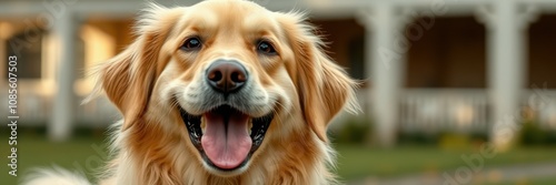 A golden retriever, with a cheerful expression and its tongue slightly out, stands on a grassy lawn photo