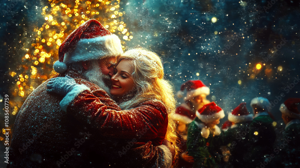 Santa and a woman share a warm embrace with twinkling lights in the background. Concept of festive joy and holiday spirit. For holiday greeting card Santa and a woman share a warm embrace with twinkling lights in the background. Concept of festive joy and holiday spirit. For holiday greeting card