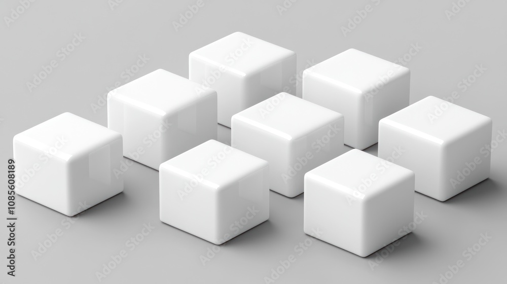 Arrangement of Eight White Cubes on a Gray Surface: A Minimalist 3D Render Arrangement of Eight White Cubes on a Gray Surface: A Minimalist 3D Render