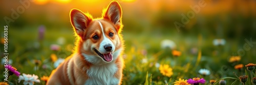 A fluffy, orange and white corgi dog smiles contentedly amidst a profusion of colorful wildflowers photo