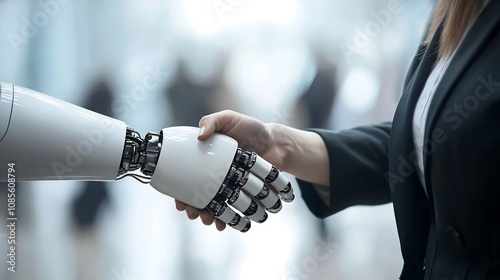 Businesswoman Handshake with Robot Symbolizing in Business Agreement