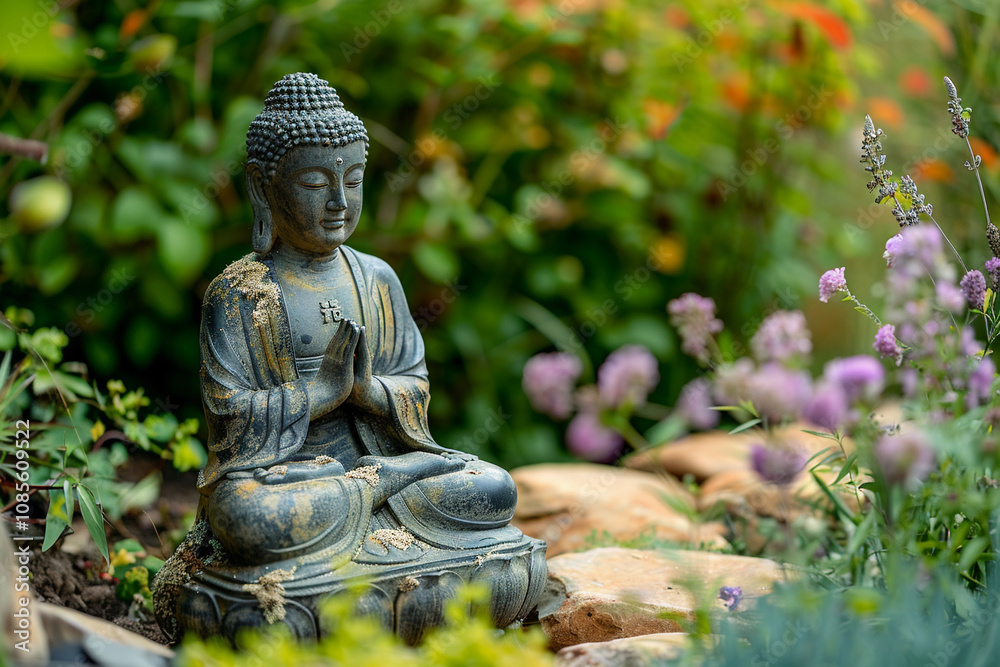 Greeting card with ancient statue great Buddha on holiday composition Greeting card with ancient statue great Buddha on holiday composition