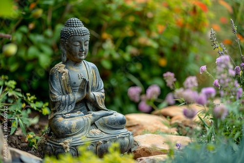 Greeting card with ancient statue great Buddha on holiday composition