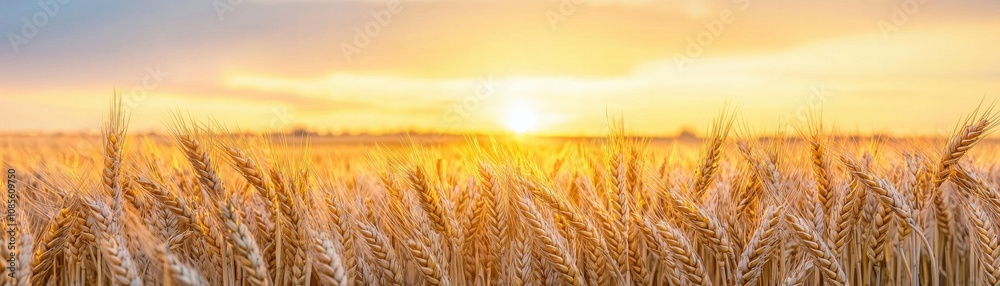 A serene sunset over golden wheat fields, casting warm hues across the landscape, creating a peaceful and picturesque rural scene. A serene sunset over golden wheat fields, casting warm hues across the landscape, creating a peaceful and picturesque rural scene.