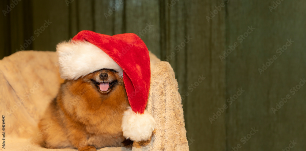 Cute Pomeranian dog in Santa hat smiling on green background. Christmas concept. Space for text Cute Pomeranian dog in Santa hat smiling on green background. Christmas concept. Space for text