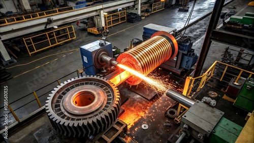 Aerial View of Induction Hardening Process in Forging Factory with Copper Coil Heating Metal Gear Component and Quenching in Liquid for Surface Hardening photo