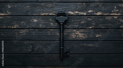 Black Skeleton Key on Dark Wooden Background Mystery and Intrigue