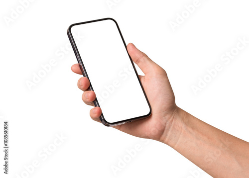 Hand showing smartphone with blank screen isolated on white background.