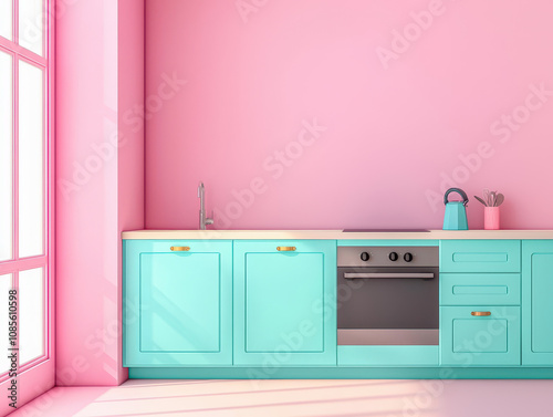 minimalist pastel kitchen featuring pink wall and turquoise cabinets, illuminated by sunlight streaming through large windows, creating cheerful atmosphere