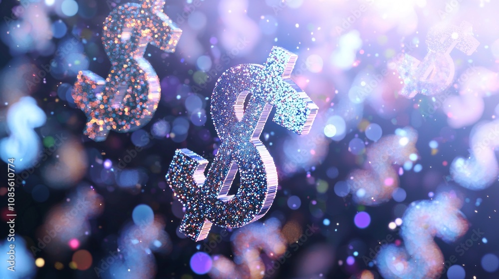 Illuminated Wealth - Abstract Image of Glowing Dollar Signs Surrounded by Shimmering Particles Evoking Financial Success and Possibility in an Ethereal Atmosphere