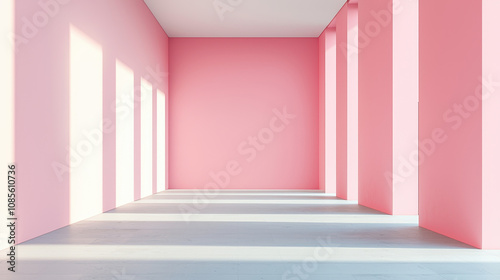 minimal pastel pink room with soft light and clean lines creates serene atmosphere. spacious design features tall windows casting gentle shadows on floor