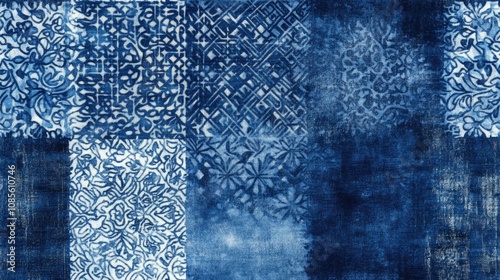 Indigo denim textile print combined with Bali motifs and winter blue batik watercolor patterns abstract fabric design for fashion and home decor