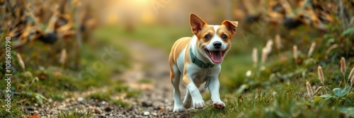 A small, happy dog with brown and white fur joyfully trots along a dirt path in a wooded area