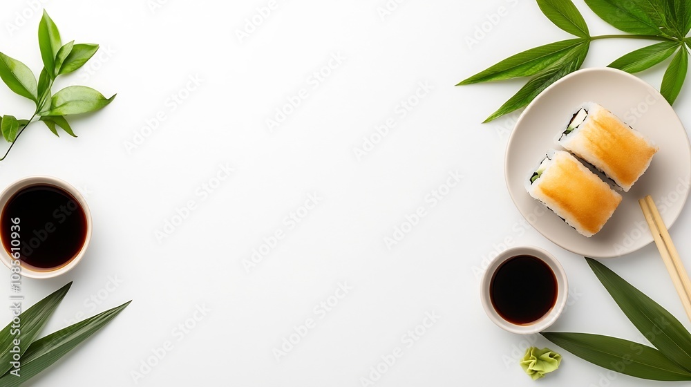Elegantly Arranged Sushi Rolls with Soy Sauce and Wasabi on Minimalist Background