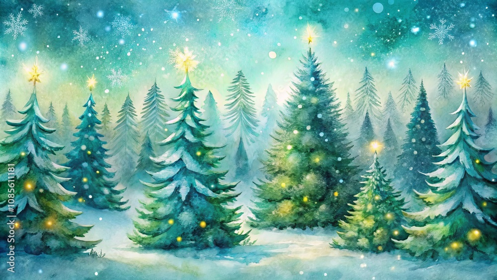 Obraz premium A Whimsical Watercolor Depiction of a Snowy Evergreen Forest With Glowing Stars on Top of the Trees