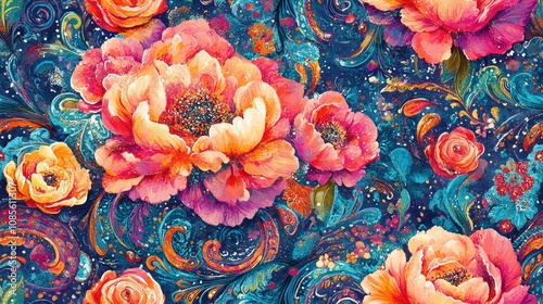 Seamless pattern of hand painted watercolor peony roses intricately woven with beautiful paisley designs ideal for textile and wallpaper applications