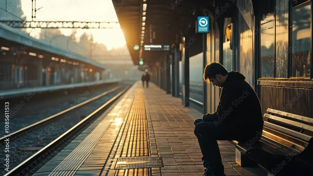 A man sits on a bench at a train station