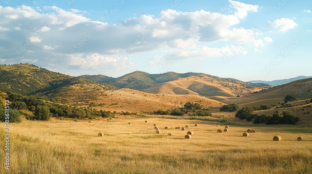 Scenic Hills with Scattered Hay Bales During Harvest Scenic Hills with Scattered Hay Bales During Harvest