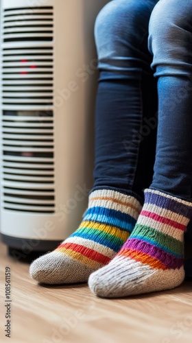 Family in warm knitted woolen socks near a home heater in cold winter time.   The symbolic image of the heating season at home.   Part of body selective focus.