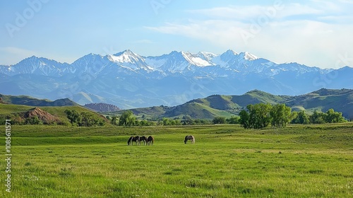 Serene Horses Grazing in Mountainous Landscape