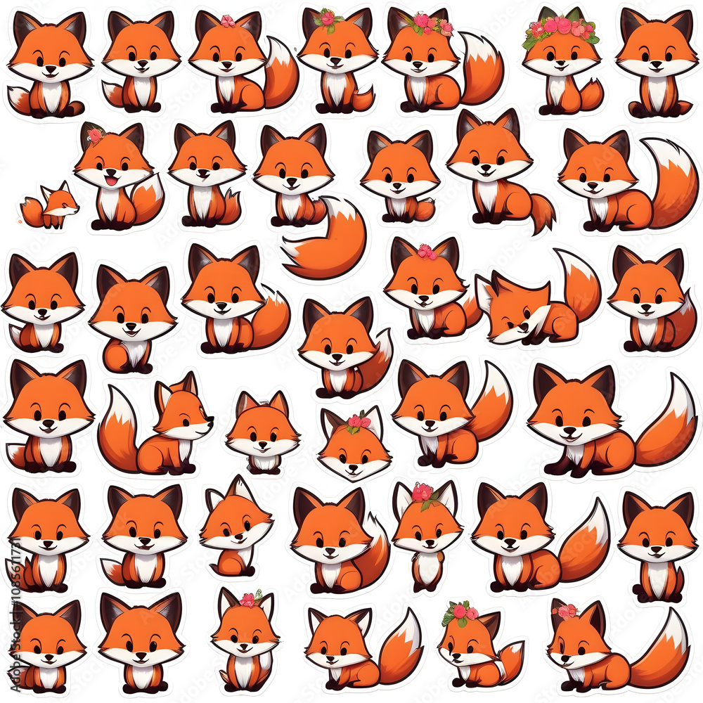 Cute cartoon fox stickers with various poses and expressions on a white background, emphasizing whimsy and fun Cute cartoon fox stickers with various poses and expressions on a white background, emphasizing whimsy and fun