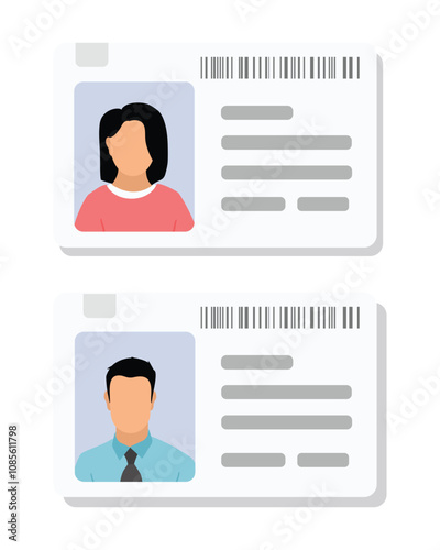 Plastic cards with male and female photo isolated on white background. ID cards or car driver licenses