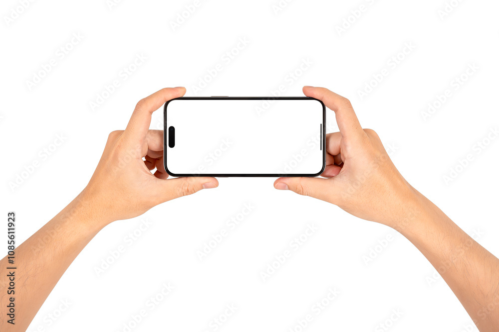 Hand showing smartphone with blank screen isolated on white background. Hand showing smartphone with blank screen isolated on white background.