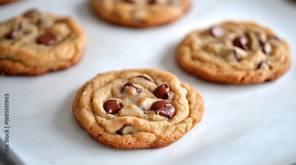 Freshly Baked Chocolate Chip Cookies Arranged on Tray with Warm Lighting and Open Space Freshly Baked Chocolate Chip Cookies Arranged on Tray with Warm Lighting and Open Space