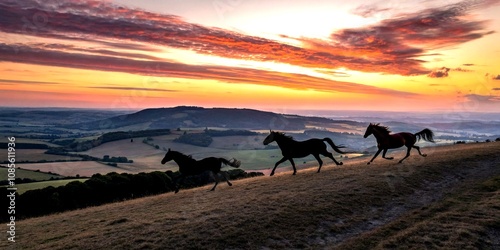 Aerial View of Majestic Horse Silhouettes Galloping Across a Serene Landscape at Sunset