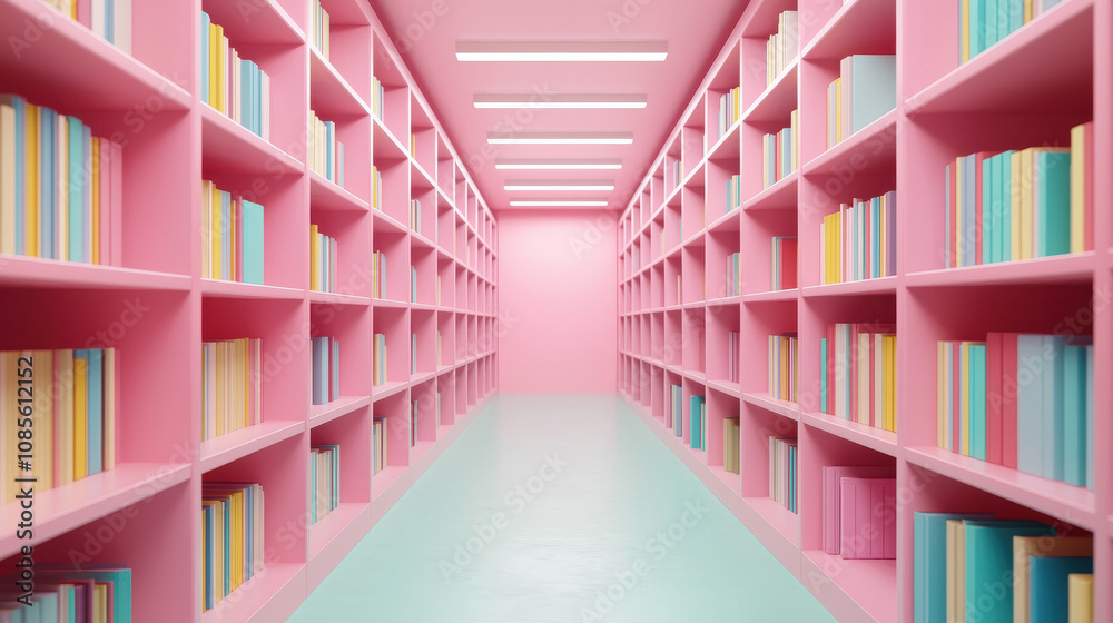 Fototapeta premium pastel library scene featuring colorful bookshelves filled with books, illuminated by soft light, creating serene and inviting atmosphere
