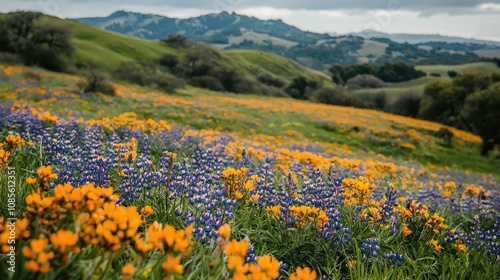 Spring Hills Covered in Colorful Patchwork of Flowers