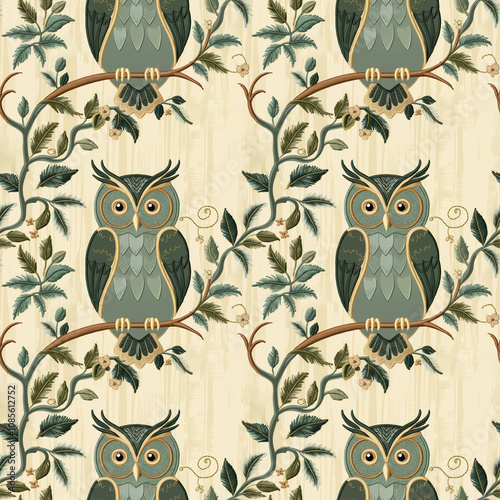 Seamless embroidered pattern with owl for packaging goods in earthy colors, vintage style, textile, wallpaper photo