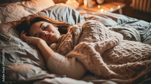 Person lying peacefully in bed under cozy blanket, eyes closed, with serene expression, promoting tranquility and good sleeping habits.