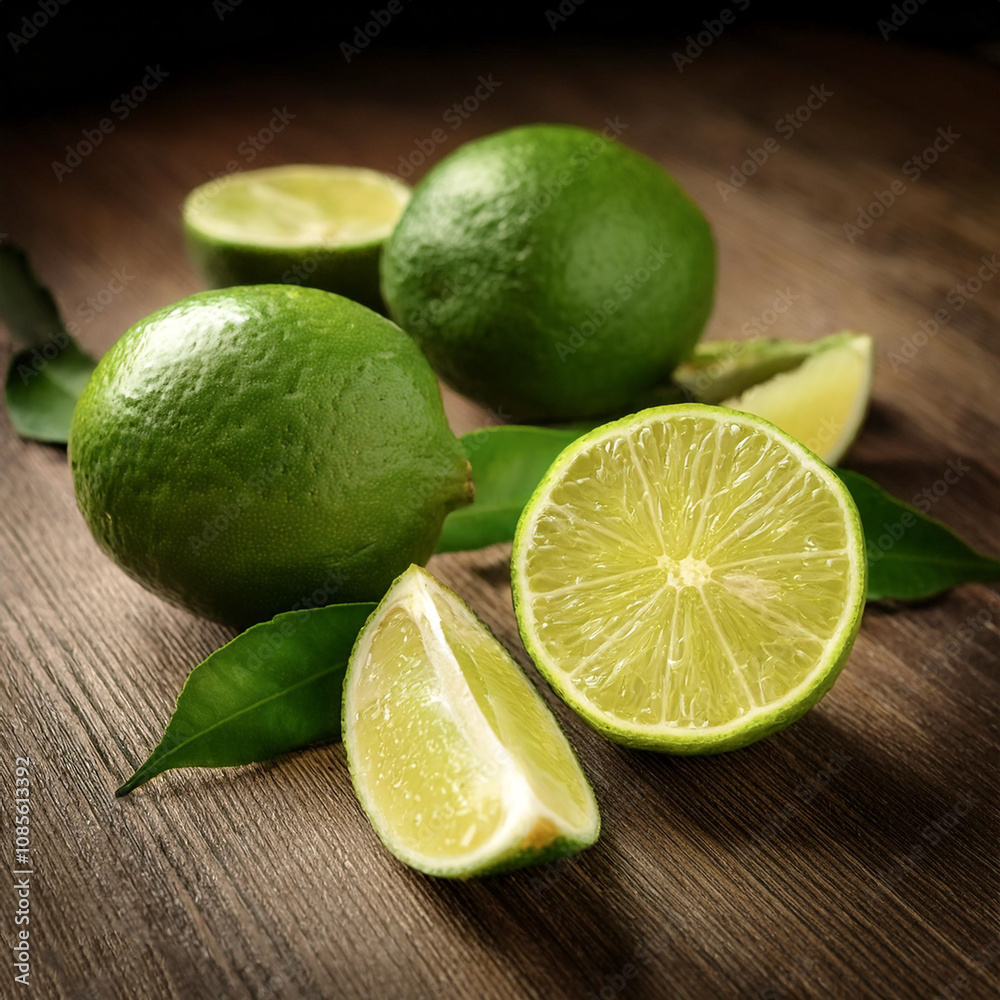 Fresh lime fruit still life on wooden table