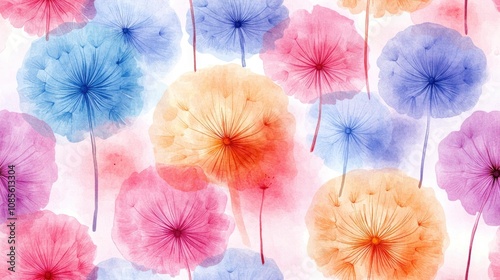 Seamless dandelion flower pattern in vibrant hand drawn watercolor style perfect for fabric packaging and wedding designs