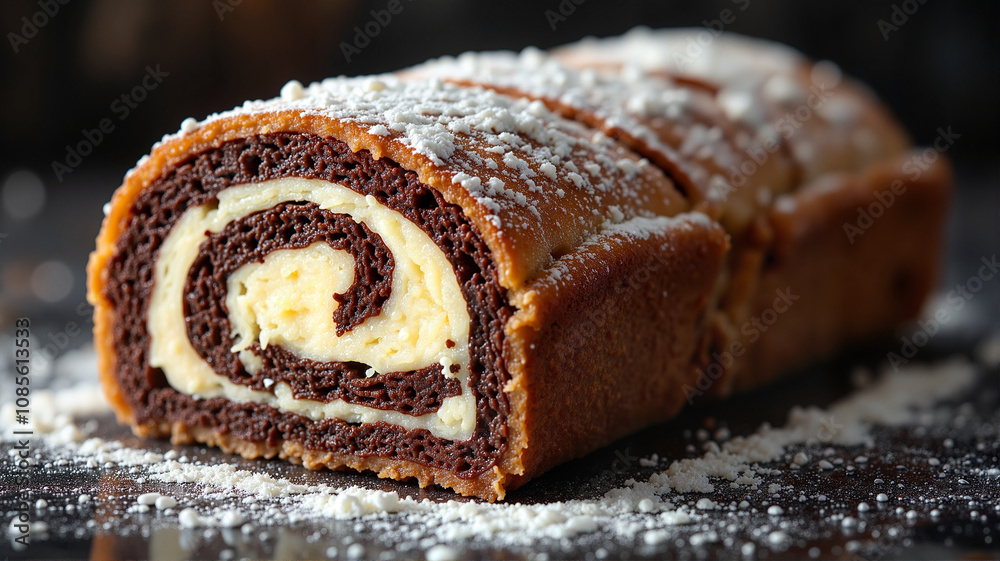 Decadent chocolate roll cake with cream filling - perfect for dessert blogs, bakery websites, recipe collections, and food photography portfolios Decadent chocolate roll cake with cream filling - perfect for dessert blogs, bakery websites, recipe collections, and food photography portfolios