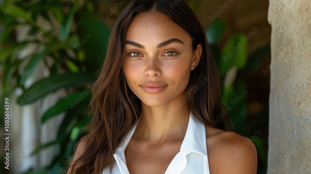 A young woman stands confidently, offering a bright smile while surrounded by vibrant plants. The sun illuminates her features, creating a warm atmosphere A young woman stands confidently, offering a bright smile while surrounded by vibrant plants. The sun illuminates her features, creating a warm atmosphere