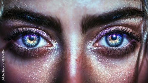 Close-up of Woman's Eyes with Glittering Makeup, Mystical and Dreamy Gaze